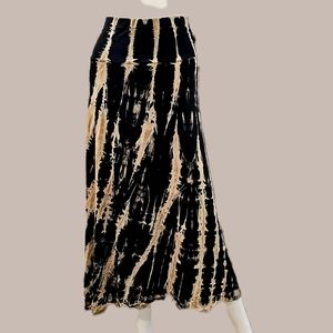 TIE DYE Stretchy Rayon Midi Skirt Blk/ Ivory/Tan-OS-NWT
